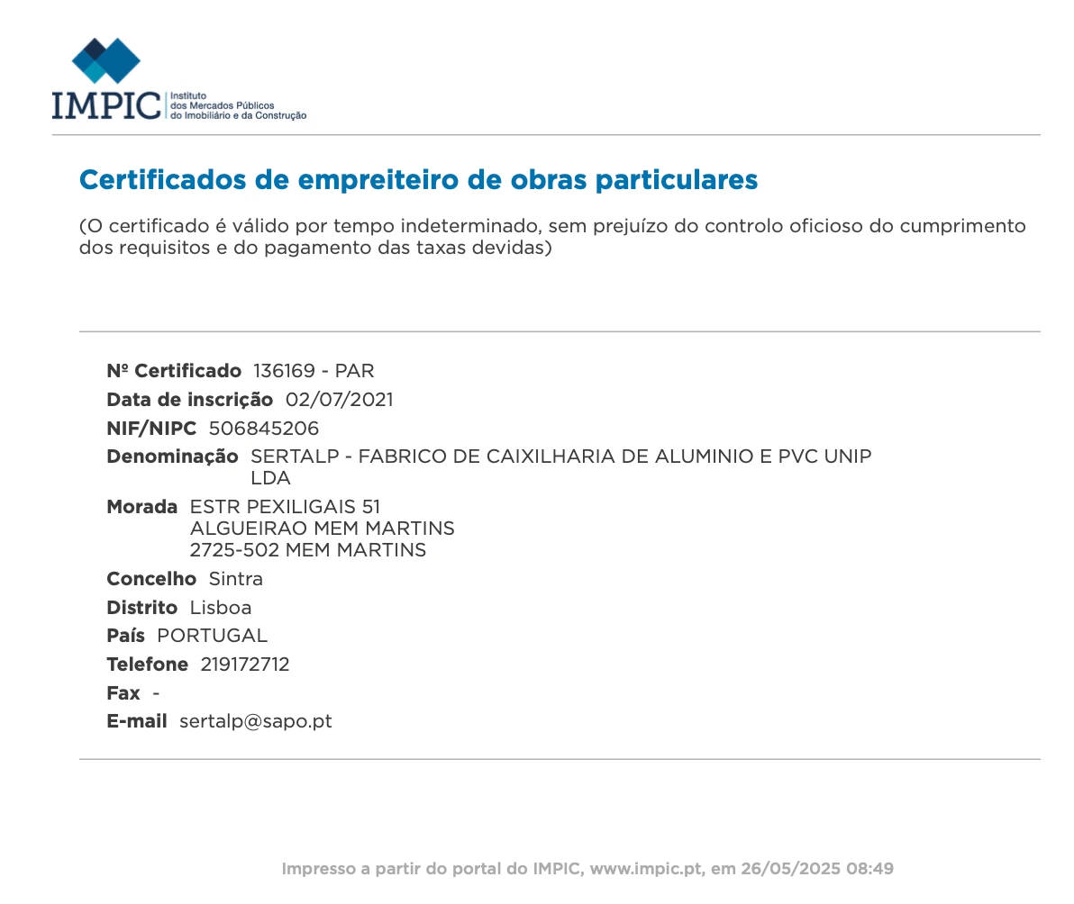 Certificado de empreiteiro de obras particulares n.º 136169-PAR atribuído à Sertalp